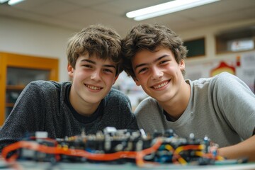 Two young boys smile at the camera with a shared sense of accomplishment. Their eyes are filled with joy. They are next to each other and holding a tech gadget on the table