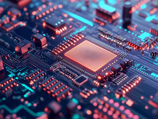 Fototapeta premium Close-up of a microchip on a detailed circuit board