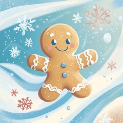 Whimsical Gingerbread Man Illustration with Snowflakes – Cute Holiday Cartoon Art for Christmas and Winter Decor
