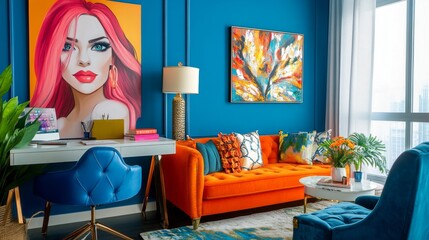 Stylish interior design featuring bright colors and art modern living room vibrant decor contemporary style wide angle view