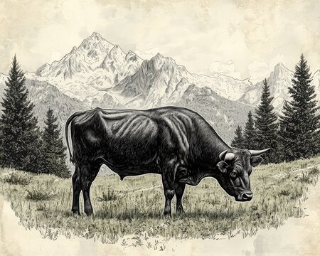 Majestic cow grazing in a serene mountain landscape with towering peaks