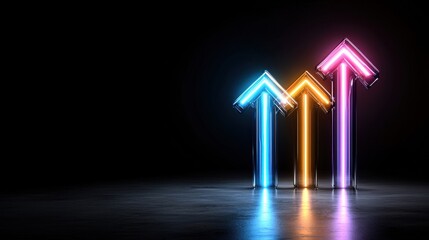 Three neon arrows pointing upwards in a dark room