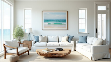 Fototapeta premium Minimalist coastal retreat-inspired living room with a white slipcovered sofa, a driftwood coffee table, and a framed mockup with a seascape