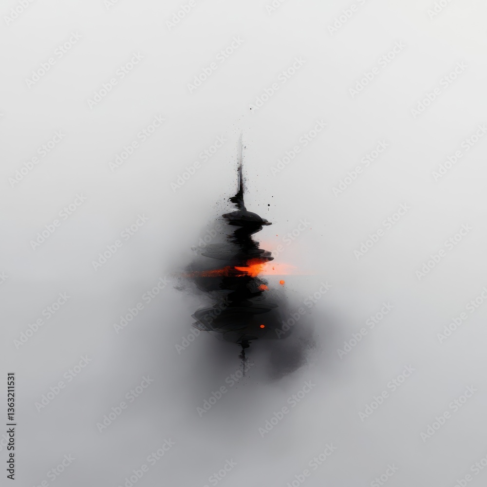 Poster abstract digital art: dark vertical shape with orange center in foggy gray background