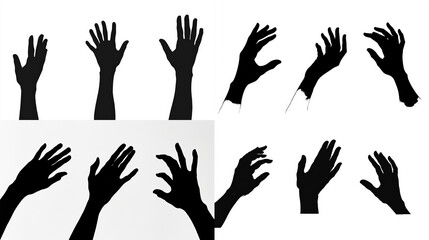 Silhouette hands reaching up in various poses against white background