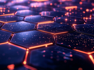 Digital hexagon network with purple lighting and depth