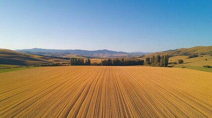 Fototapeta premium Golden wheat field harvesting action in rural landscape with serene blue sky viewpoint