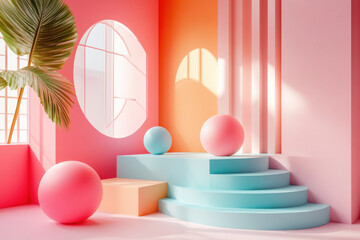 Pink and blue room with plant in corner.