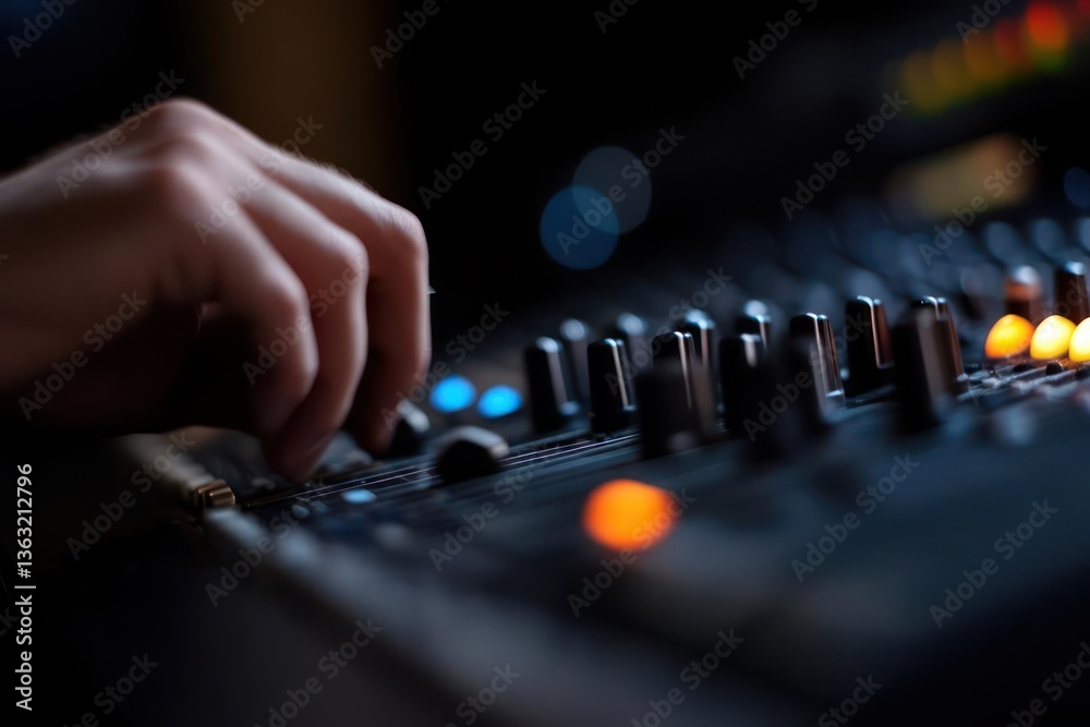 Poster Hand Adjusting Audio Mixing Console Controls in Low Light