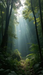 Obraz premium Serene forest scene with sunlight filtering through trees 