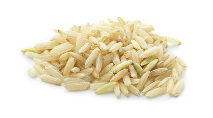 Pile of raw brown rice isolated on white