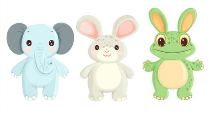 Cute cartoon elephant, rabbit, frog; children's book illustration