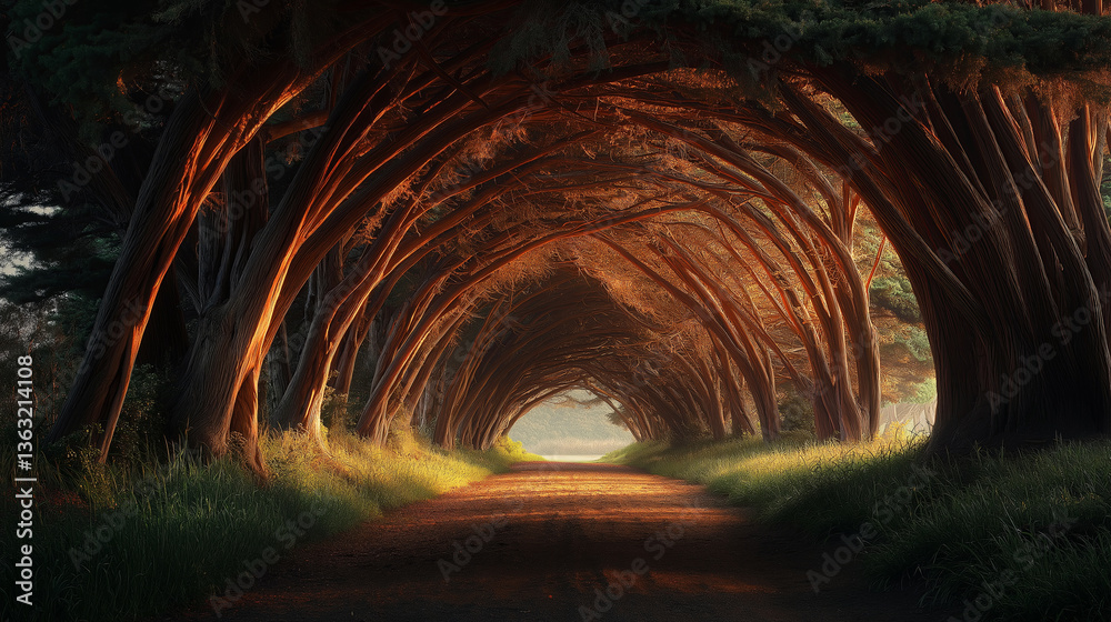 Poster a surreal scene where tree branches form a natural cathedral arch