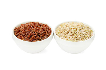 Different sorts of raw brown rice isolated on white