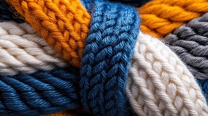 A colorful bundle of yarn with blue, orange, and white strands