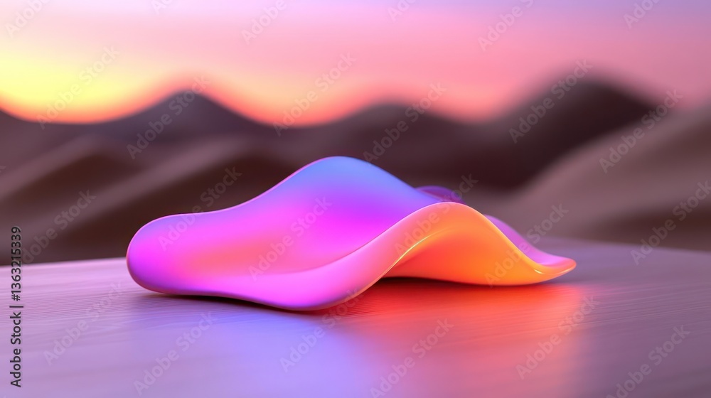 Aufkleber Glowing Colorful Wave Object at Sunset Desert