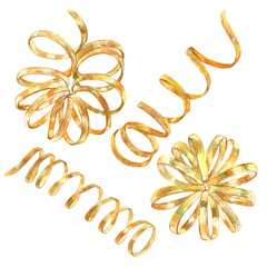Obraz premium Gold vibrant collection of curls, bows, ribbons, hand-painted in watercolor with gold paint accents. Isolate elements are presented for decorating and designing textiles, interior, wallpaper, prints
