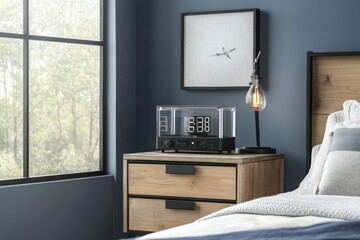 Modern digital clock on wooden nightstand in bedroom.
