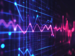 Abstract chart with pink and blue digital waves on dark grid background