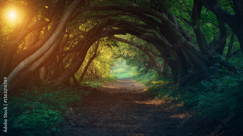 Poster a surreal scene where tree branches form a natural cathedral arch