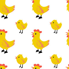 Colorful cartoon chicks and chickens in a playful pattern on a white background