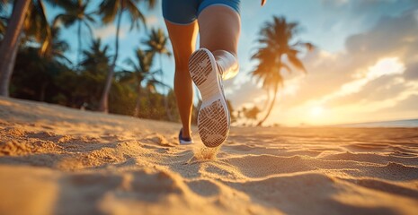 A woman runs along a tropical beach at sunset.  The warm light casts a golden glow on the sand.