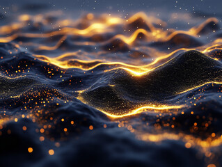 Digital art of glowing waves in a dark abstract landscape
