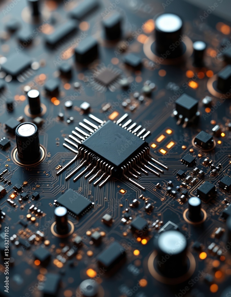 Poster overhead view of diverse electronic components. circuit board, integrated circuits, microchips, capa