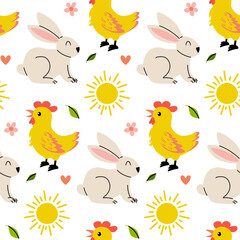 Seasonal pattern featuring cute rabbits and chickens on a bright background