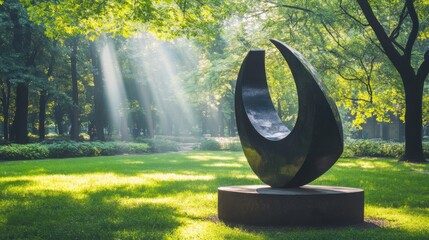 Fototapeta premium Abstract Sculpture Surrounded by Lush Greenery and Sunlight Beams