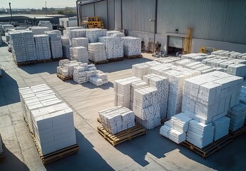 A large warehouse with neatly stacked white blocks on pallets, forklifts operating in bright lighting, highlighting organization and industrial storage details.