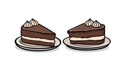Two chocolate cake slices on plates, isolated, dessert, food, illustration, bakery, website design