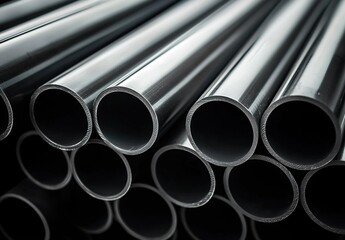 Black cylindrical metal pipes arranged neatly with dramatic light-shadow contrast, modern industrial aesthetic, sleek metallic finish, precision engineering.