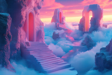 Fototapeta premium Stairway ascends to castle in the clouds, shrouded in mist, mysterious and majestic.