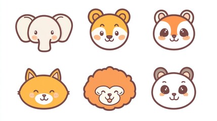 Fototapeta premium Cute animal faces; elephant, lion, squirrel, cat, sheep, panda; illustration; children's book