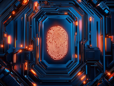 Biometric fingerprint glows with orange light inside a circular scanner within a dark cyber interface