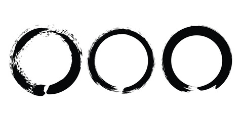 Set of black grunge paintbrush strokes. Enso Zen symbol. Circular label, logo, text frame, banner, emblem, badge. Grunge design element. Isolated. Distress texture. Ink brush strokes