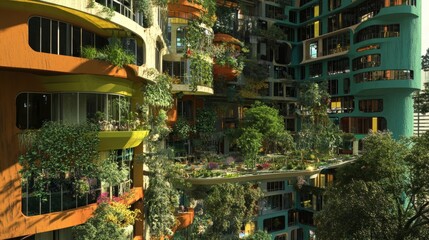 High-rise apartment complex with hanging gardens, water recycling systems, and renewable energy sources generative ai