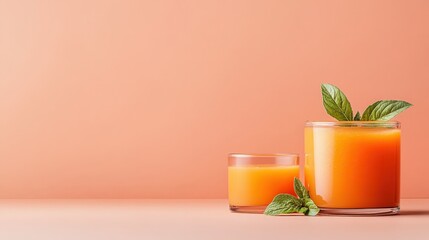 Fototapeta premium These two glasses of freshly squeezed orange juice are adorned with mint leaves, presenting a refreshing essence on a soft pastel background perfect for summer vibes and healthy drinks.