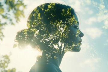 Serene double exposure portrait of a woman merged with a vibrant tree against a bright sky symbolizing growth and nature connection