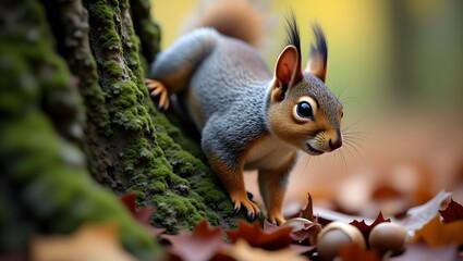 Curious Squirrel in Autumn Forest Gathering Acorns