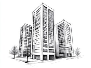 Fototapeta premium Stylized black and white architectural sketch of modern urban building