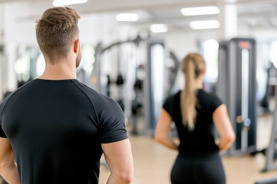Personal trainer helps client master strength training techniques in modern gym setting focused on fitness and health