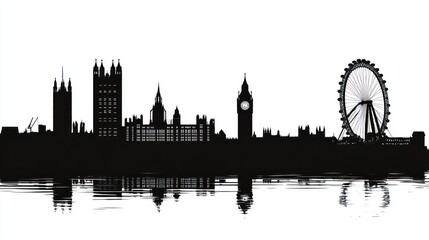 Naklejka premium A silhouette depiction of a cityscape reflected in water