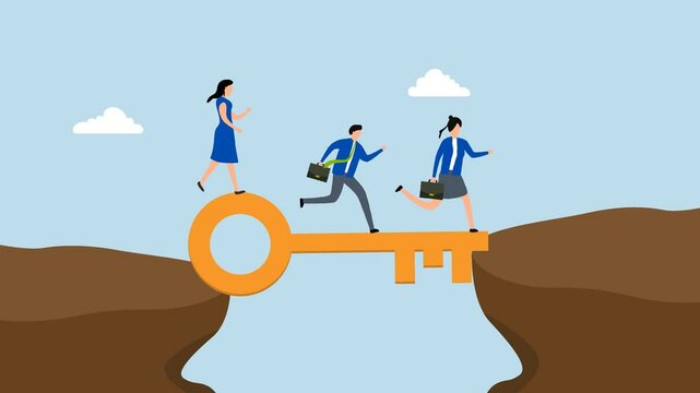 Key success, 4k animation of business people walk on key success cross the gap.