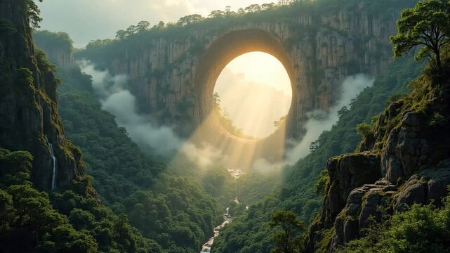  A huge, perfectly round hole created in a massive ancient mountain, above an endless emerald forest with rugged mountains carved by time and nature.