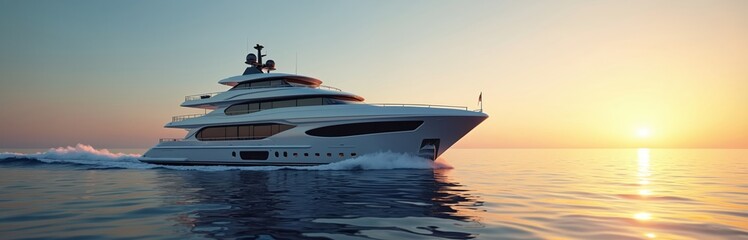 Fototapeta premium Luxury yacht sails open sea at sunset. Modern white boat reflects golden sunlight on water surface. Sea travel, summer vacation, lifestyle, recreation. Expensive yachting at ocean, cruise, holiday,
