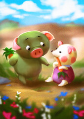 Adorable cartoon pig and mouse holding carrots in a vibrant flower field under a bright blue sky.