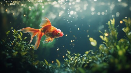 Goldfish swimming gracefully among aquatic plants underwater scene nature photography tranquil environment close-up view