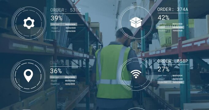 Warehouse worker in high-visibility vest with data processing animation overlay